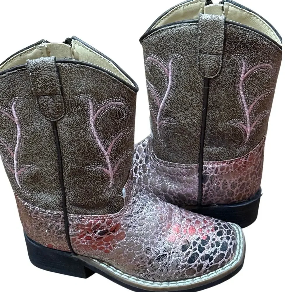Old West Girls Pink Western Cowboy Boots Square Toe Side Zip Size 8C VB1054
